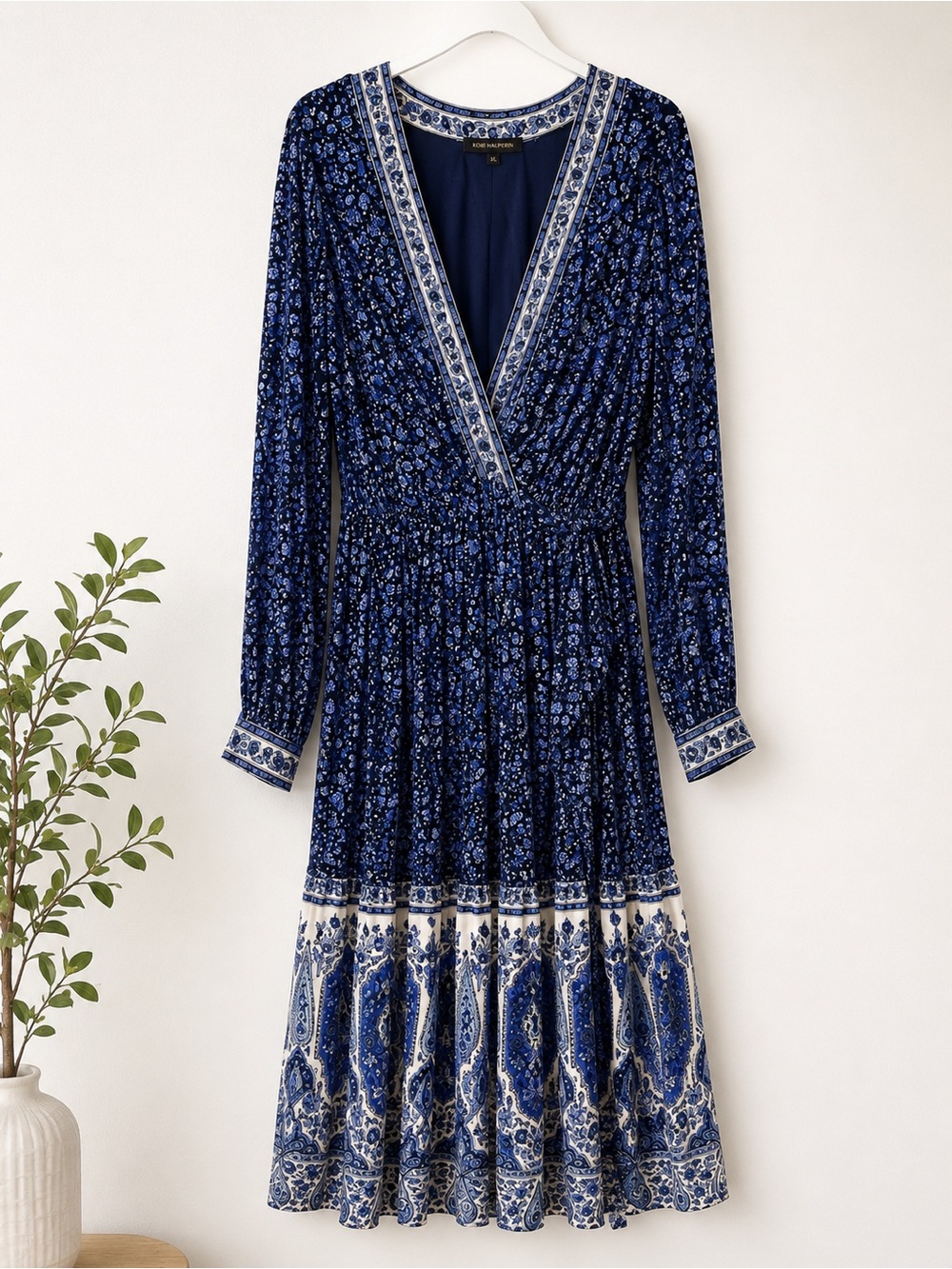 Kobi Halperin Navy and White Floral Wrap Midi Dress